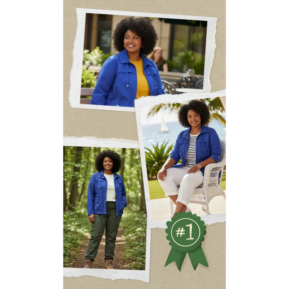 CJ Banks Zipper Jacket 1X Cobalt Blue Grommet Detail Cotton Casual Utility Layer